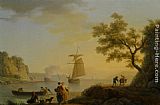 Claude-Joseph Vernet An Extensive Coastal Landscape with Fishermen Unloading their Boats and Figures Conversing in the Foreground painting